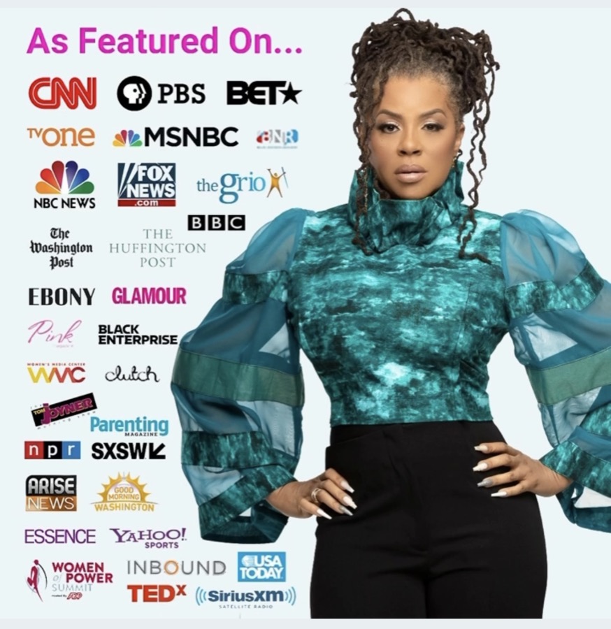 Dr. Avis beside an “As Featured On” wall of media logos: CNN, PBS, BET, TV One, MSNBC, BNR, NBC News, Fox News, The Grio, BBC, The Washington Post, The Huffington Post, Ebony, Glamour, Pink Magazine, Black Enterprise, Women's Media Center, Clutch, The Tom Joyner Morning Show, Parenting Magazine, NPR, SXSW, Arise News, Good Morning Washington, Essence, Yahoo Sports, Women of Power Summit, Inbound, USA Today, TEDx and SiriusXM.